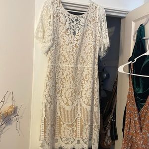 Lulus white lace dress. Perfect for bridal events!